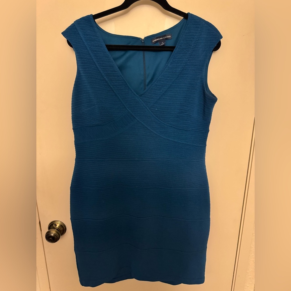 American Living Teal Blue Ribbed V-Neck Sheath Dress